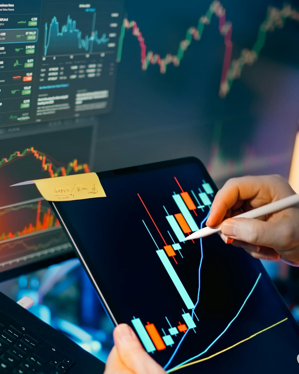 Trader marking up a candlestick chart on a tablet in front of monitors